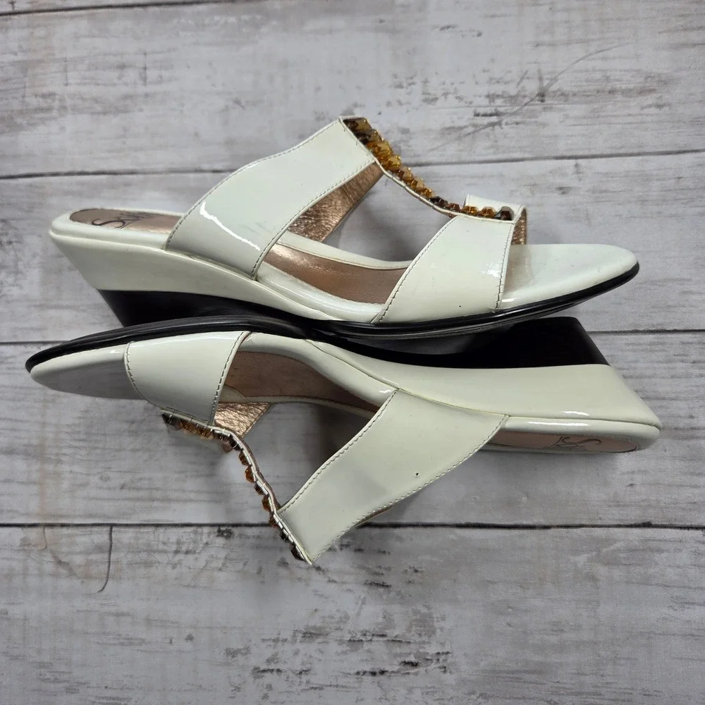 Sofft Crystal Embellished Patent Leather Wedge Sandal Women 9W Cream Jewel Slide